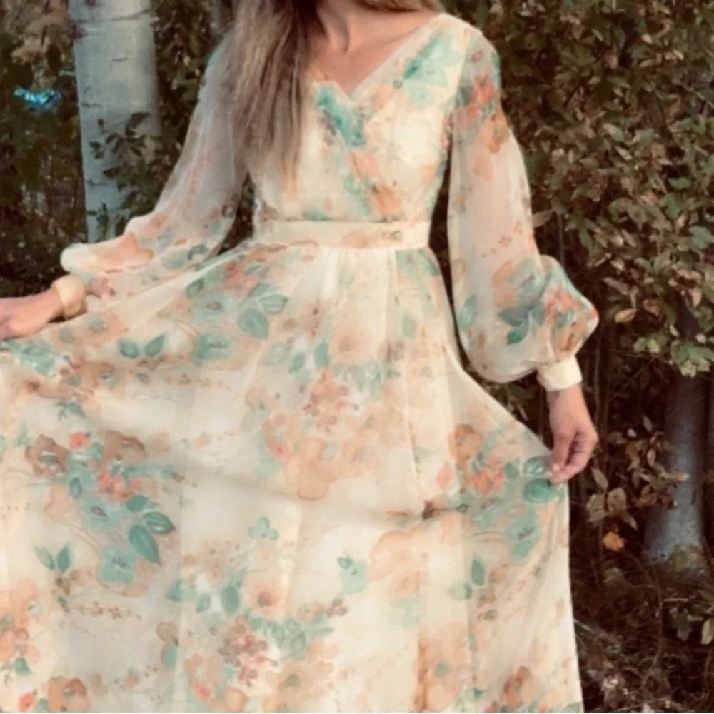 Vintage 70s Chiffon Yellow Floral Floor Length Dress Sz 14 By Union Made - Picture 10 of 16